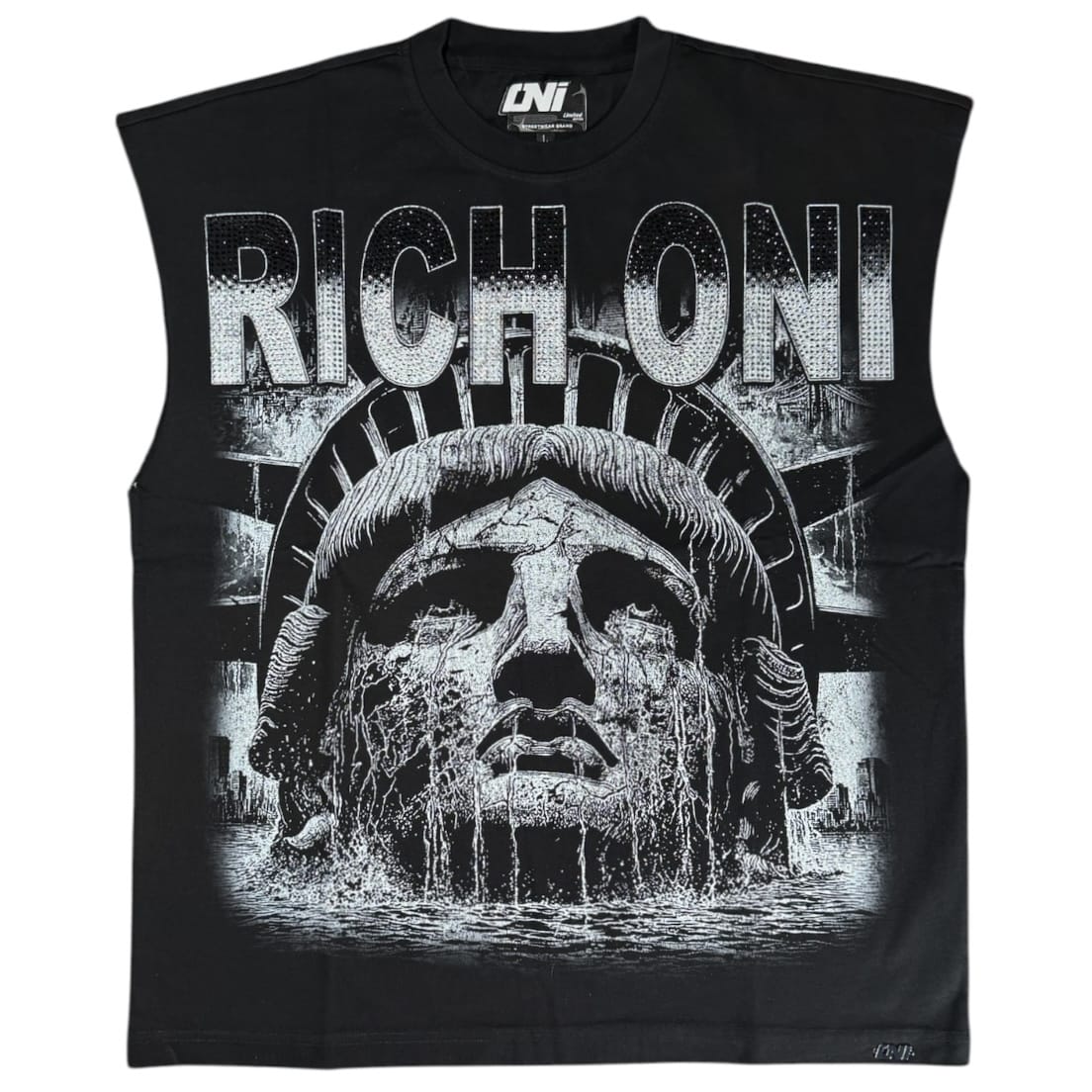 Rich Oni Statue Of Liberty Studded Sleeveless Tee (Black) RO-TK-2008