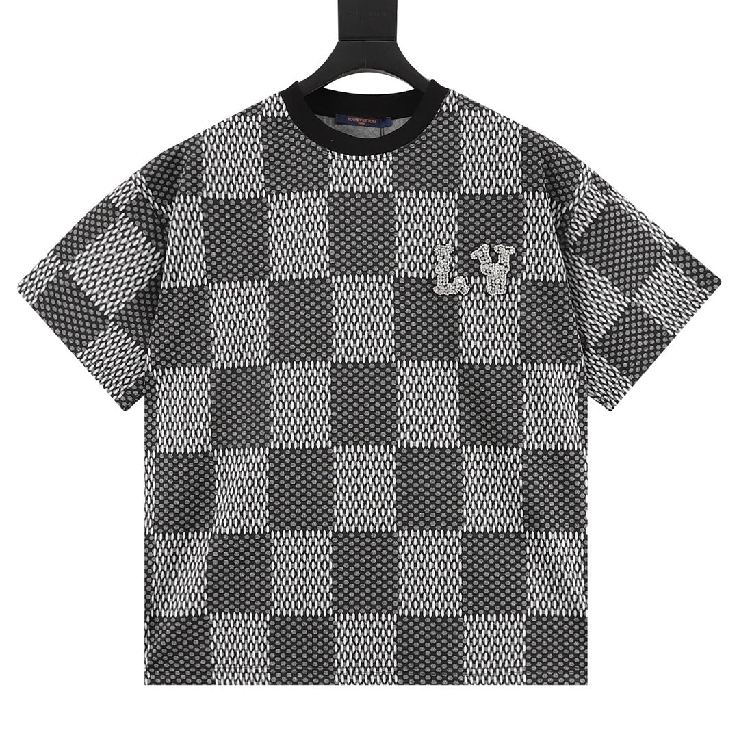 Louis Vuitton rhinestone logo checkered short-sleeved shirt